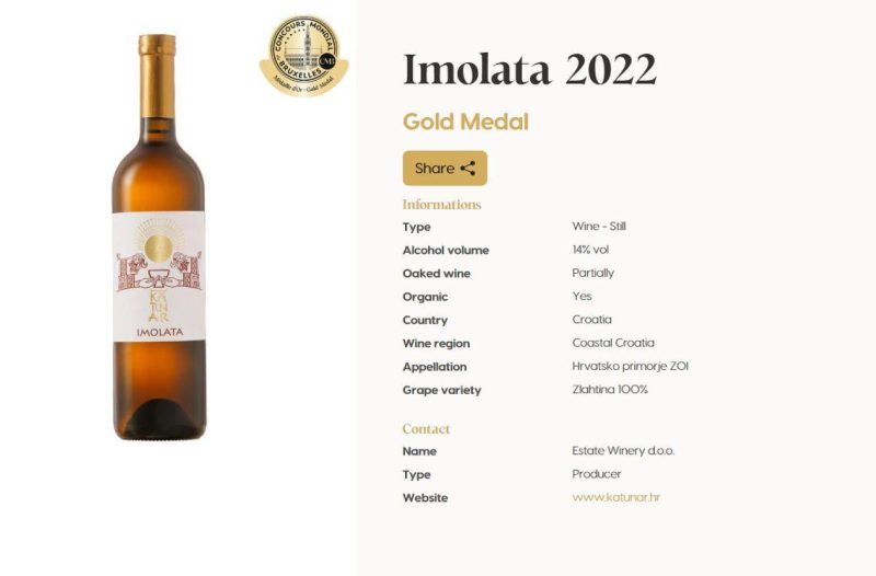 Otok Krk - otok-krk.org - Žlahtina Imolata iz Katunar Estate Winery iz Vrbnika osvojila je zlatnu medalju na vinskom ocjenjivanju Concours Mondial de Bruxelles